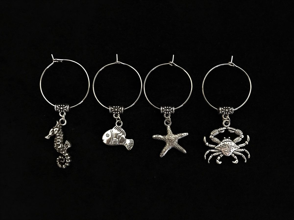 Set of 4 Silver Marine Animal Wine Glass Charms - The Land Down Under