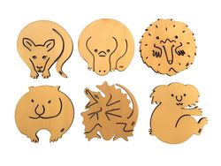 Coasters - Set of 6 Australian Animals - Pine